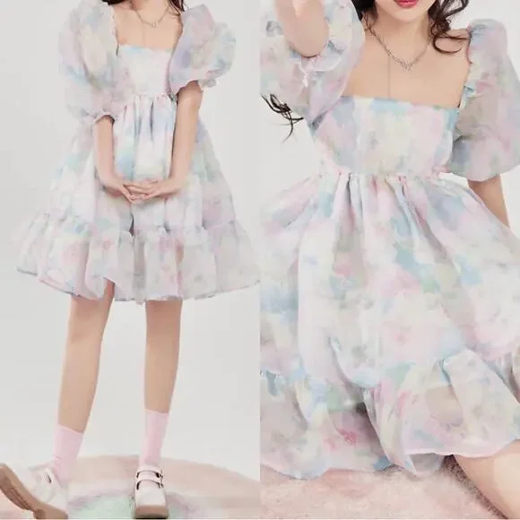 SELKIE French Puff Tulle Organza Floral Midi Dress in Watercolor Size XS - Picture 2 of 9